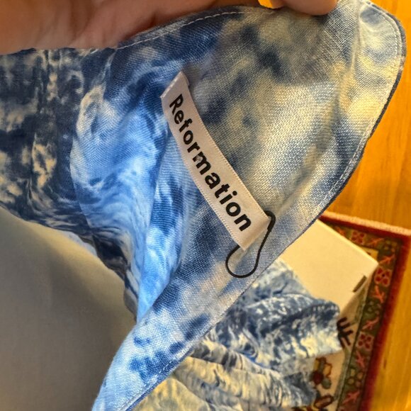 Reformation Blue Floral Midi Dress Linen Square Neck Tie Waist - Picture 4 of 4